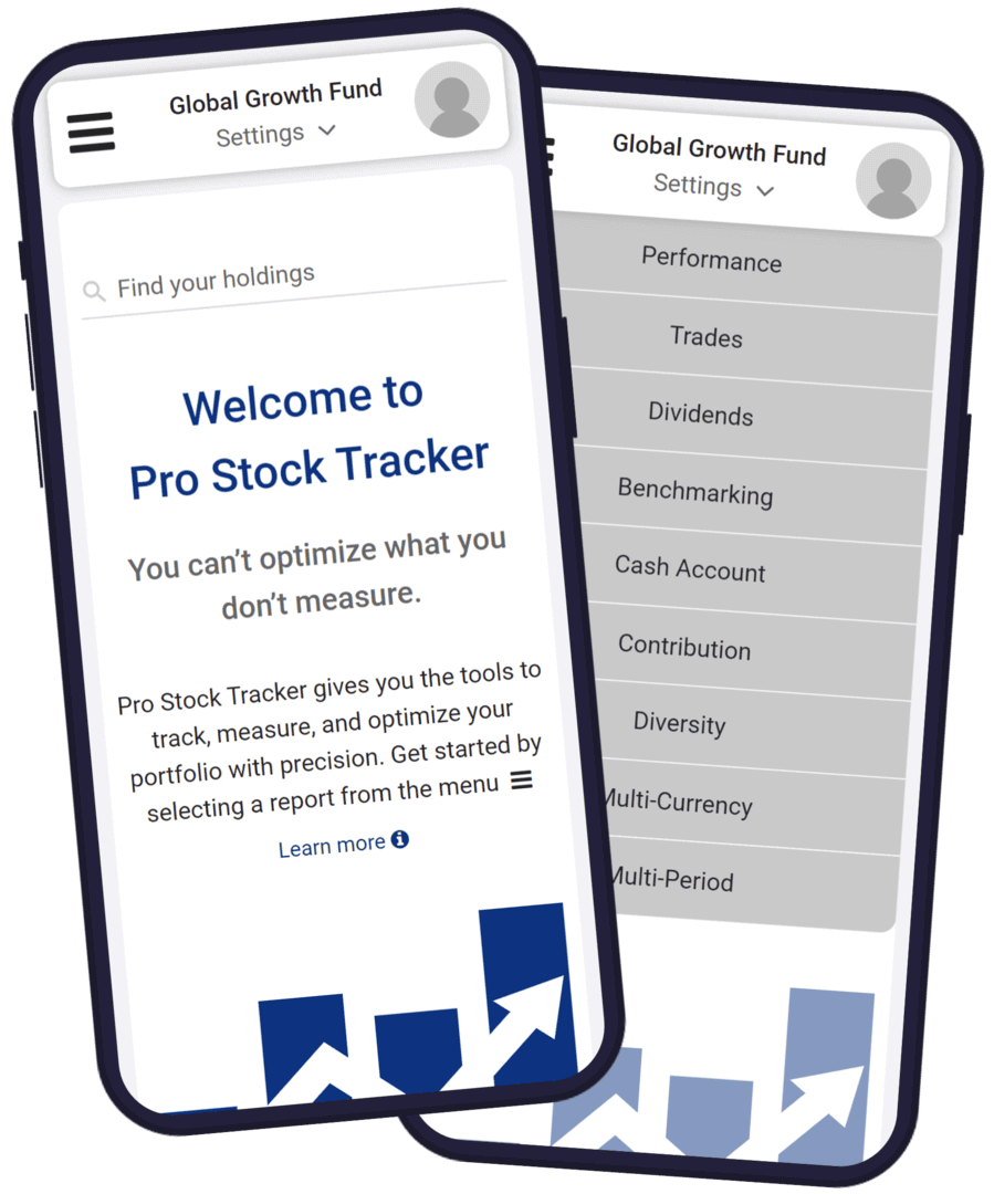 Pro Stock Tracker mobile app interface and report menu displayed on two smartphones